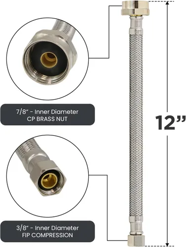 Vista 4 de HIGHCRAFT Línea de suministro de agua de inodoro flexible de 12 pulgadas, conector de manguera de inodoro de acero inoxidable trenzado, compresión