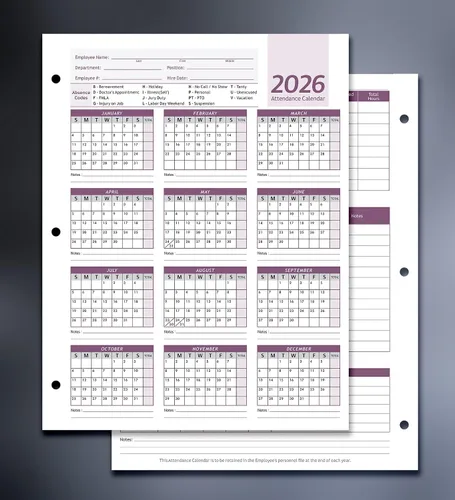 Vista 2 de Calendario de asistencia para tarjetas de empleados 2026, papel de cartulina pesado de 100 libras, 8.5 x 11 pulgadas (morado, 50 hojas)