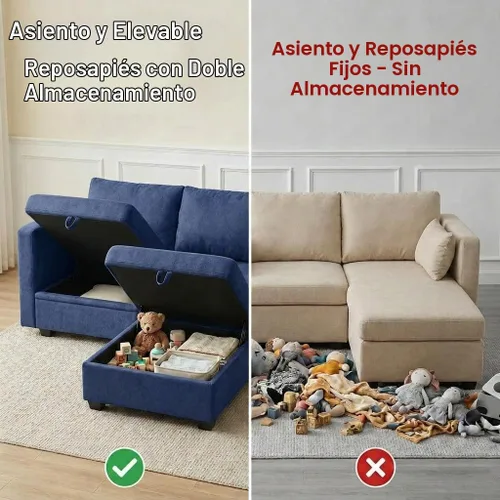 Vista 5 de Sofá con Otomano en Forma de L Pequeño con Asientos Almacenables de 57" Sofá Seccional Modular con Brazos y Respaldo Reclinables Sofá Convertible