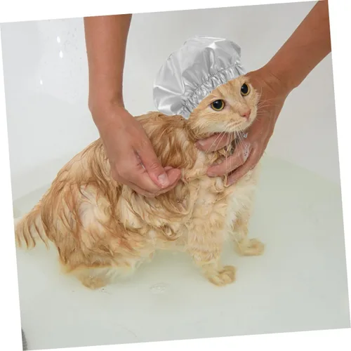 Vista 4 de Gorro de ducha para mascotas para perros y gatos, reutilizable, con correa ajustable, gorro de ducha para proteger las orejas durante el aseo
