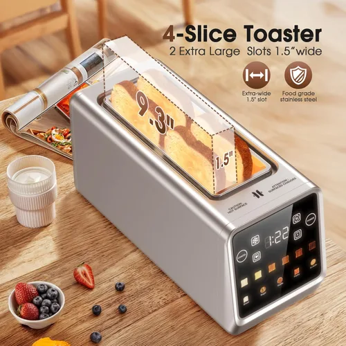 Vista 2 de Tostadora de 4 rebanadas de ranura larga para bagels y pan artesanal, pantalla táctil inteligente digital con función de memoria y modos de una sola