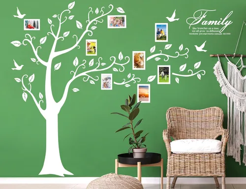 Vista 10 de Adhesivo de pared para árbol de fotos familiar grande, marco de fotos 3D, calcomanías de pared de árbol con citas extraíbles, hojas y pájaros, Negro
