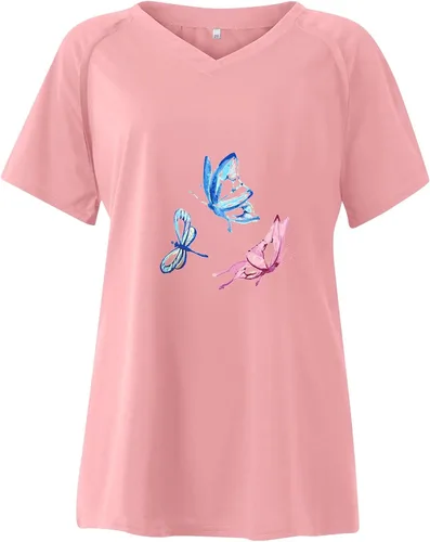 Vista 3 de Camisas cómodas de manga corta con cuello en V para mujer, camisetas con estampado de mariposa, blusas casuales con estampado de diente de león