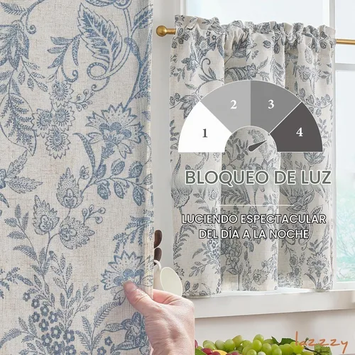 Vista 3 de Cortinas de cocina florales Lazzzy de 24 pulgadas de largo, lino azul, oscurecimiento de habitación, estilo granja, café, pequeñas, rústicas