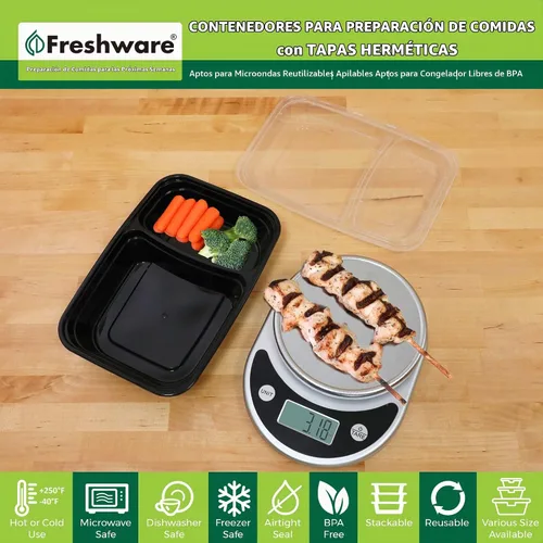 Vista 2 de Freshware Contenedores de preparación de comidas [paquete de 50] 2 compartimentos con tapas, contenedores de almacenamiento de alimentos, caja