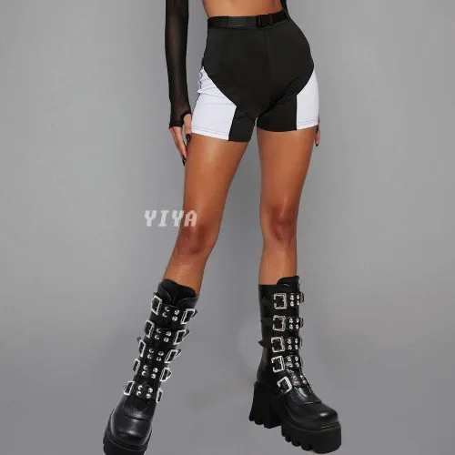 Vista 2 de YIYA - Botas de combate a media pantorrilla con estoperoles para mujer, botas de plataforma góticas negras, botines de plataforma con hebilla