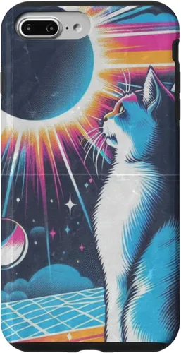 Vista 9 de iPhone 15 Cat Solar Eclipse - Synthwave Retro Poster Style Case
