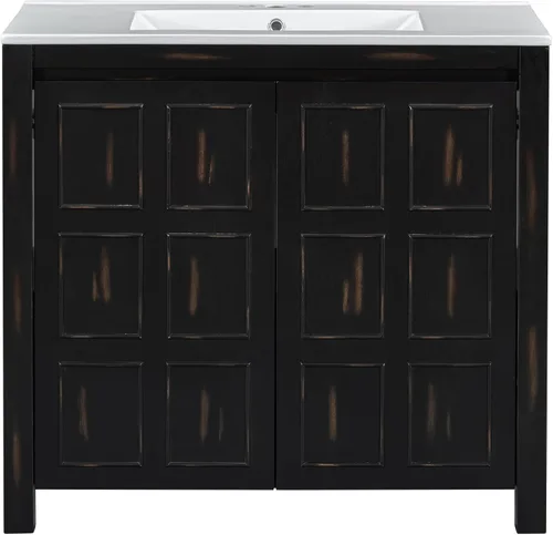 Vista 7 de LUMISOL Vanidad de baño de 36 pulgadas con fregadero de cerámica, armario de almacenamiento de baño de madera maciza con 2 puertas, tocador de baño