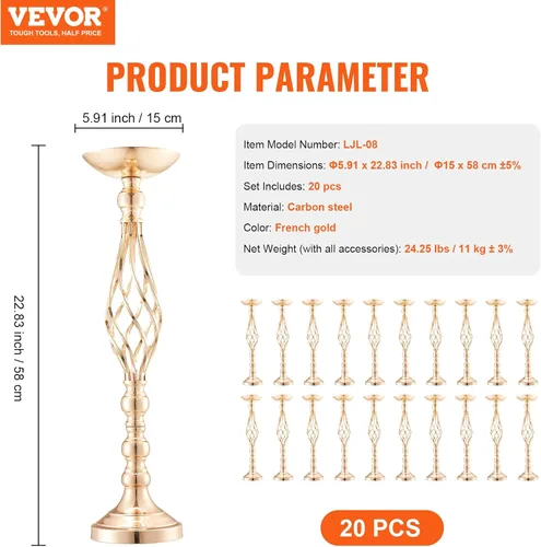 Vista 7 de VEVOR Centro de Mesa de Boda de Metal Dorado, Candelabro, 20 Piezas 58cm/22.83