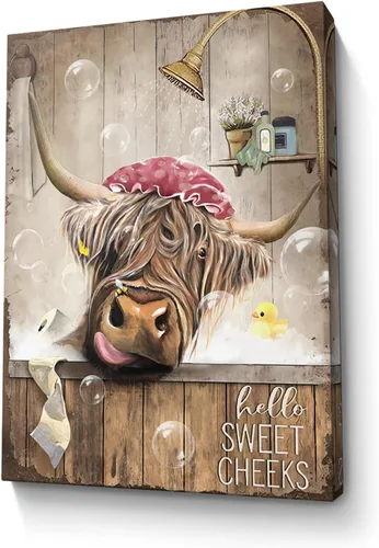 Vista 14 de Bonito oso para decoración de baño, arte de pared divertido con estampado de oso de casa de campo, pintura decorativa de pared enmarcada moderna