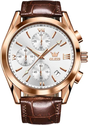 Vista 20 de OLEVS Watch for Men Chronograph Brown Leather Analog Quartz Fashion Business Dress Large Face Men Watch Day Date Luminous Waterproof Casual Male