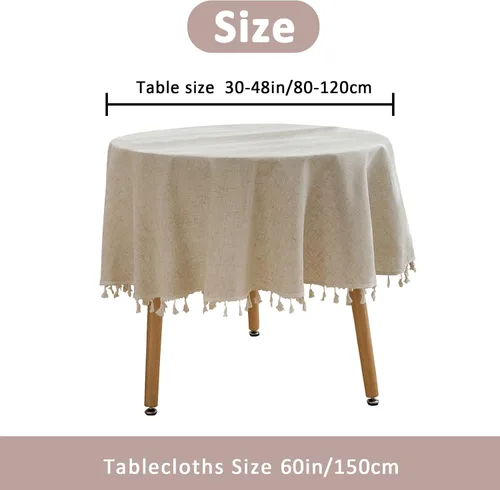 Vista 4 de Mantel redondo de 60 pulgadas, manteles de lino de algodón con borla, mantel bohemio para cocina, comedor, decoración de mesa de café de granja