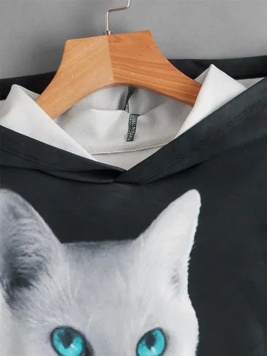 Vista 4 de WDIRARA Sudadera con capucha de manga larga con estampado de gato para mujer