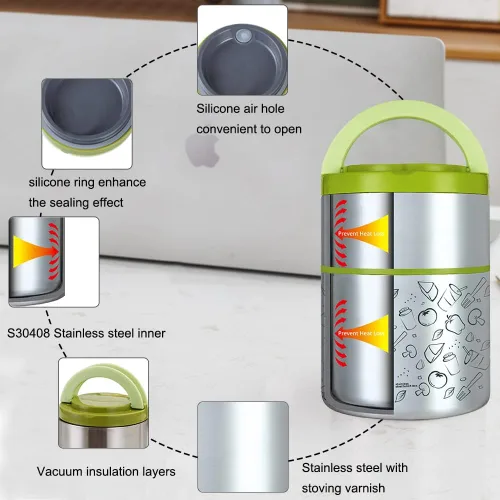Vista 4 de Lille Home Caja de almuerzo/merienda térmica apilable de acero inoxidable aislada al vacío, contenedor Bento/de comida de 2 niveles con bolsa