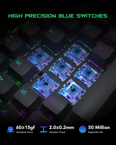 Vista 3 de Black Shark Teclado mecánico RGB para juegos con retroiluminación LED con interruptores azules totalmente programable antifantasma 104 teclas