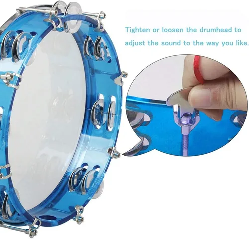 Vista 3 de ENNBOM Pandereta Ajustable Tono Mano Tambor Doble Fila Cascabeles de Metal Campana de Mano Nivel de Actuación Pandereta de Percusión de Mano (Azul)