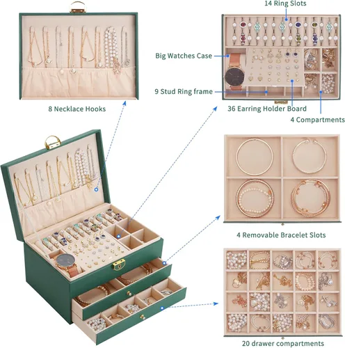 Vista 3 de LETURE Joyero de alta calidad con cajones, organizador de joyas grande con cerradura de 3 capas para mujeres y niñas, estuche de almacenamiento