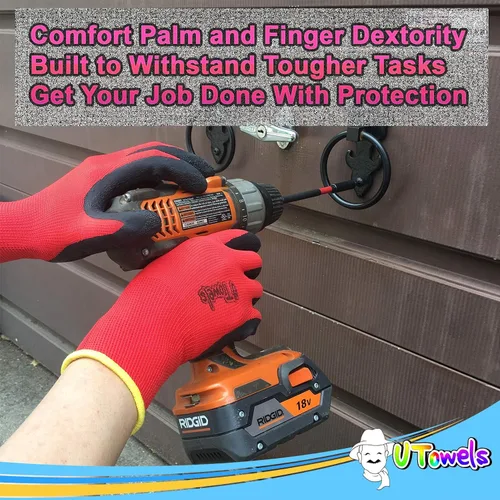 Vista 6 de Guantes de seguridad recubiertos para el trabajo, paquete de 8 pares, agarre firme, uso general y jardinería, para hombres y mujeres (talla S, rojo)