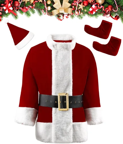 Vista 4 de Disfraz verde de Papá Noel para adultos, 8 piezas, disfraz de Papá Noel para adultos, Halloween, Navidad, disfraz de Papá Noel para hombres