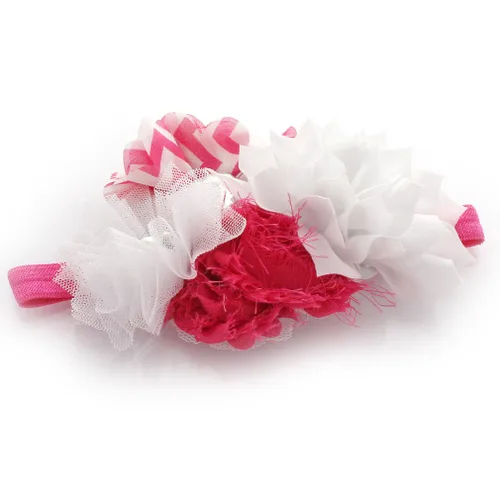 Vista 2 de My Lello Shabby Fabric Flower Cluster diademas para bebés – niñas – elástico para niños, bebé, Blanco Hot Pink Chevron
