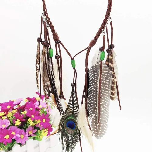 Vista 3 de Diadema ajustable de plumas de pavo real, tocado de tejido bohemio con plumas de arrastre indio con cuentas de borla, marrón, estilo 3