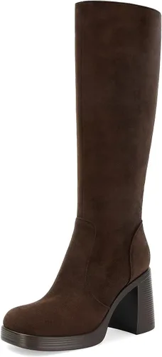 Vista 11 de SOVANYOU Botas de cuero negro Botines de plataforma para mujer Botas de tacón cuadrado con plataforma Botas de tacón grueso con punta cuadrada Botas