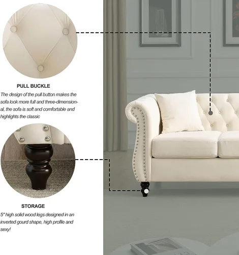Vista 4 de Sofá Chesterfield de terciopelo beige de 80 pulgadas para sala de estar, 2 piezas, sofá de 3 plazas, con botones copetudos, respaldo curvado, brazos