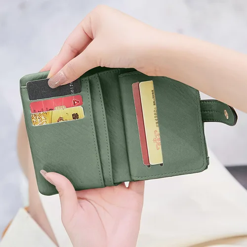 Vista 6 de Carteras pequeñas de triple pliegue para mujer, carteras Rfid para mujer, billeteras plegables de cuero para mujer, portatarjetas compactas