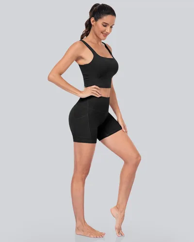 Vista 4 de CHRLEISURE - 6 paquetes de pantalones cortos de mujer estilo biker con bolsillo, pantalones cortos de elastano de control de abdomen de 5 pulgadas