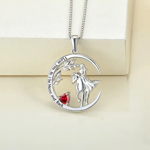 Vista 4 de YL Collar de caballo para mujer, plata de ley 925, colgante de luna, chapado en oro blanco de 18 quilates, joyería de animales, Metal, Rubí