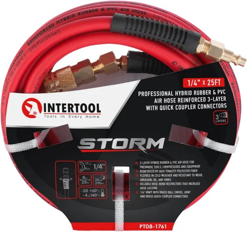 Vista 5 de INTERTOOL Manguera de compresor de aire 1/4-pulgada x 25 pies, ligera con acoplador rápido resistente y enchufe de servicio pesado - Resistente a