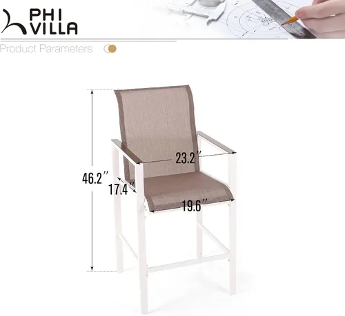 Vista 6 de PHI VILLA Juego de 2 sillas de bar para patio, taburete de bar con altura de mostrador con tela de textileno de secado rápido, reposabrazos y Blanco