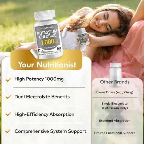 Vista 6 de Cloruro de potasio de alta potencia de 1000 mg por porción Suplemento de potasio – Apoya el equilibrio electrolítico, la salud cardíaca, muscular