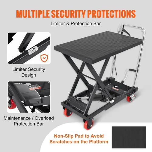 Vista 5 de VEVOR Carro de mesa de elevación hidráulica, capacidad de 500 libras, altura de elevación de 28.5 pulgadas, mesa de elevación manual de tijera