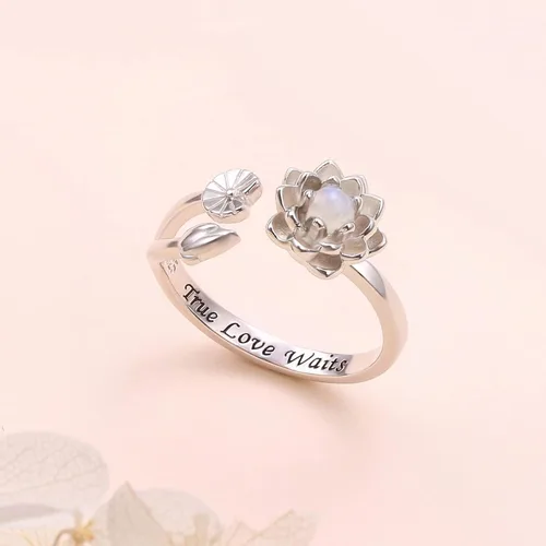 Vista 3 de Moonstone - Juego de joyas de loto de plata de ley, anillo de flor de loto grabado True Love Waits, Natural Healing Buddha Spiritual Yoga Lotus