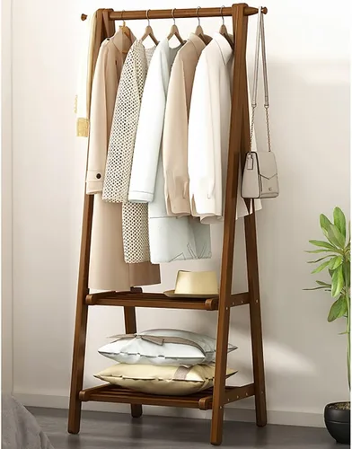 Vista 16 de Perchero de madera de bambú, con estantes de almacenamiento, estante para colgar ropa, para entrada, sala de estar, dormitorio