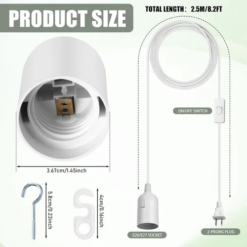 Vista 2 de 6 piezas de enchufe de bombilla de 8.2 pies de extensión colgante de cable de lámpara con interruptor E26/E27 enchufe de luz colgante para cocina