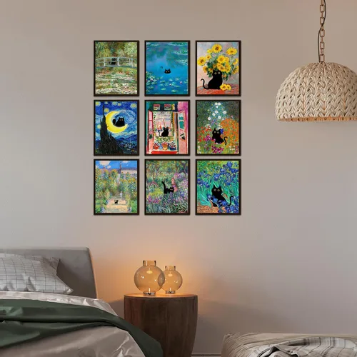 Vista 6 de Kizbok Juego de 9 carteles divertidos de gato negro, impresiones artísticas de pared de gato negro vintage de Monet Matisse Van Gogh, gatos negros