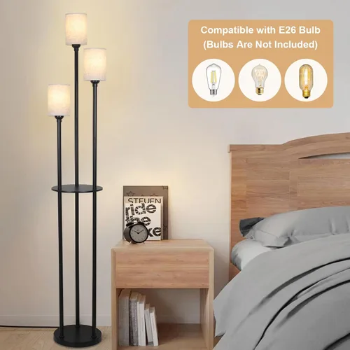 Vista 5 de Lámpara de pie con estantes, lámparas de pie modernas para sala de estar, lámpara de pie de 3 luces con pantalla de lino e interruptor de pie