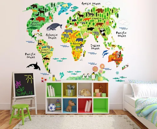 Vista 6 de Calcomanías de pared de mapa del mundo de animales para dormitorio y sala de estar