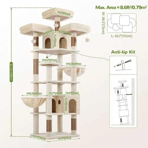 Vista 7 de Globlazer Árboles y Torres para Gatos para Múltiples Gatos Adultos, Torre de Árbol para Gatos XXL Alta de 82 Pulgadas para Gatos