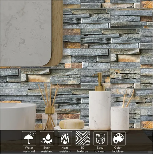 Vista 4 de TUOKING 3 Piezas Azulejos Despegar y Pegar para Salpicadero de Cocina 4"x 12" PVC Autoadhesivos Subway Mate Imitación Piedra Panel de Pared Ladrillo