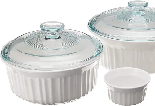 Vista 2 de CorningWare French White Juego de 10 Piezas de Utensilios de Cerámica para Hornear con Tapas de Gres Resistente a Astillas y Grietas, Apto