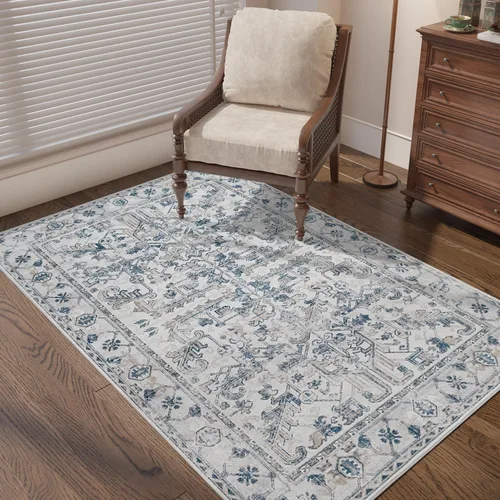 Vista 405 de jinchan Lima - Alfombra simétrica floral geométrica lavable, alfombra de entrada de medio círculo de 2 x 3, alfombra de media luna, suave y Azul