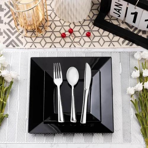 Vista 6 de Goodluck 100 Pack de Platos Desechables Cuadrados Negros, Platos de Plástico Resistente: 50 Platos de Cena de 24.1 cm y 50 Platos de Postre de 16.5