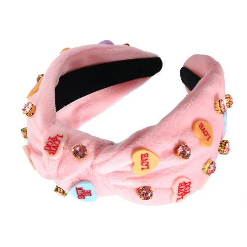 Vista 2 de Diadema rosa con joyas de caramelo de cristal para conversación diadema anudada con corazón banda ancha de terciopelo accesorios para el cabello