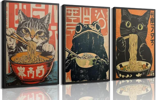 Vista 6 de 3 piezas de arte de pared de lienzo de gatos negros japoneses comiendo ramen Arte divertido de gatos y ranas Pintura de imagen de pared Decoración