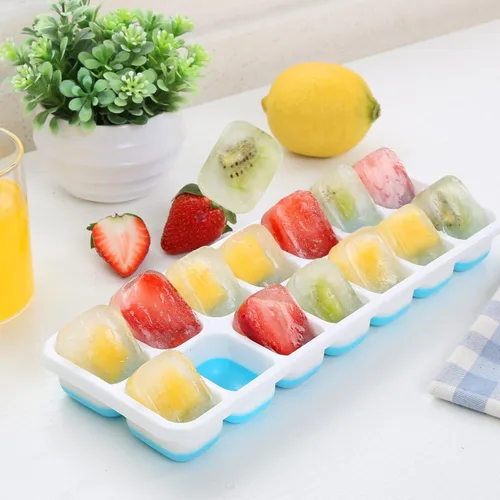 Vista 2 de Paquete de 2 bandejas apilables de silicona para cubitos de hielo, bandejas de silicona flexibles reutilizables para cubitos de hielo con tapas