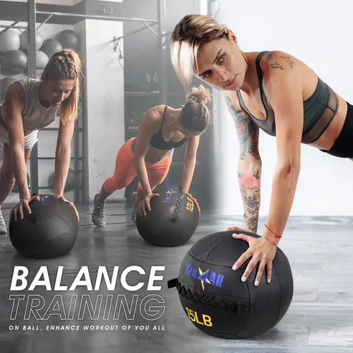 Vista 7 de Yes4All Bola de pared, bola de arena de hierro con peso de cuero suave para ejercicio multifuncional dinámico, 6 libras - 30 libras a. negro