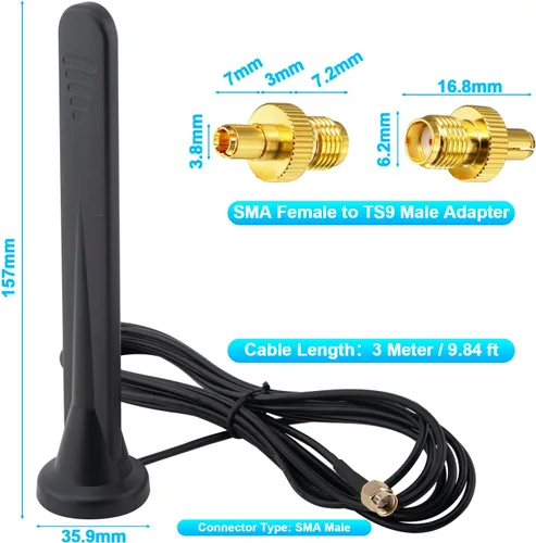 Vista 2 de Antena 5G LTE Amplificador de señal 4G Antena de red omnidireccional externa SMA TS9 Conector 15Dbi Antena base magnética con cable 3M